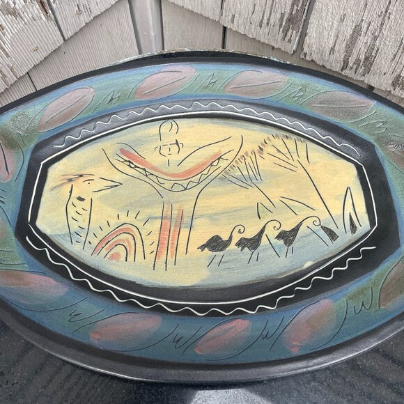 Laurie Rolland Signed Pottery Platter Dish Canadian Artist Stylized Nature Birds - Picture 1 of 7
